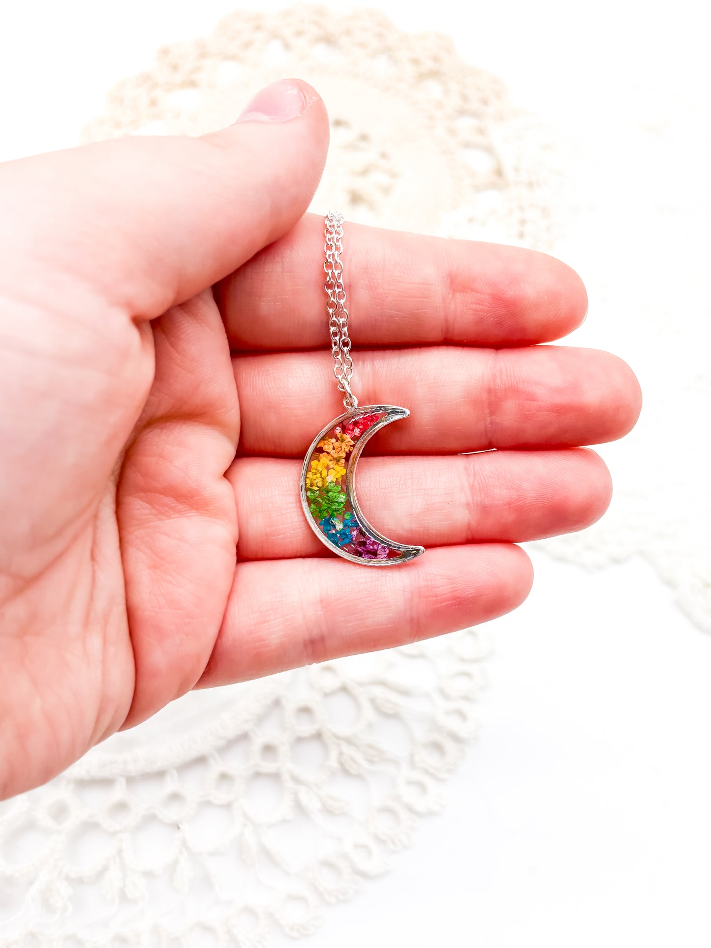 Silver Rainbow flowers in moon necklace or earrings