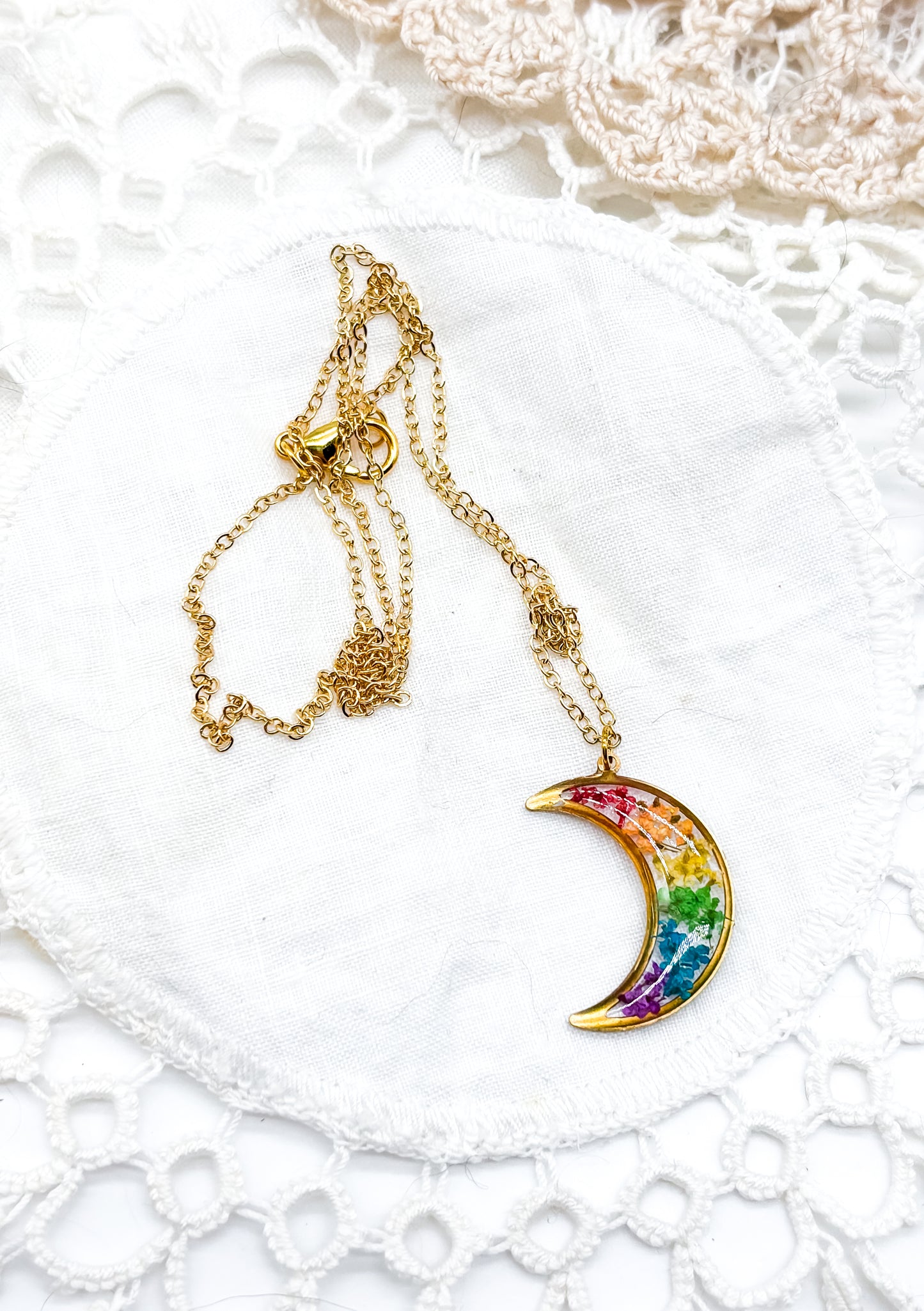 Gold Rainbow flowers in moon necklace or earrings