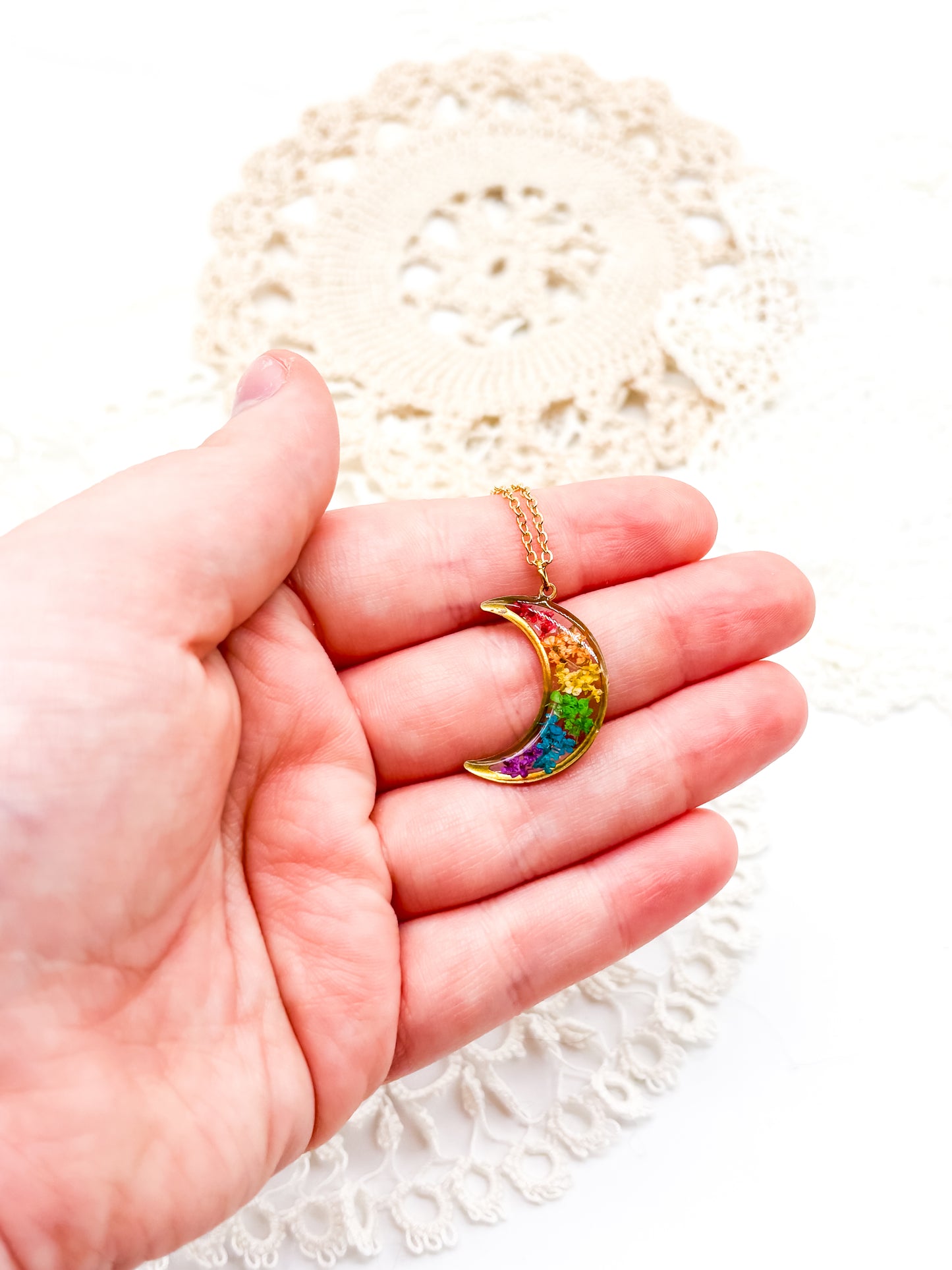 Gold Rainbow flowers in moon necklace or earrings