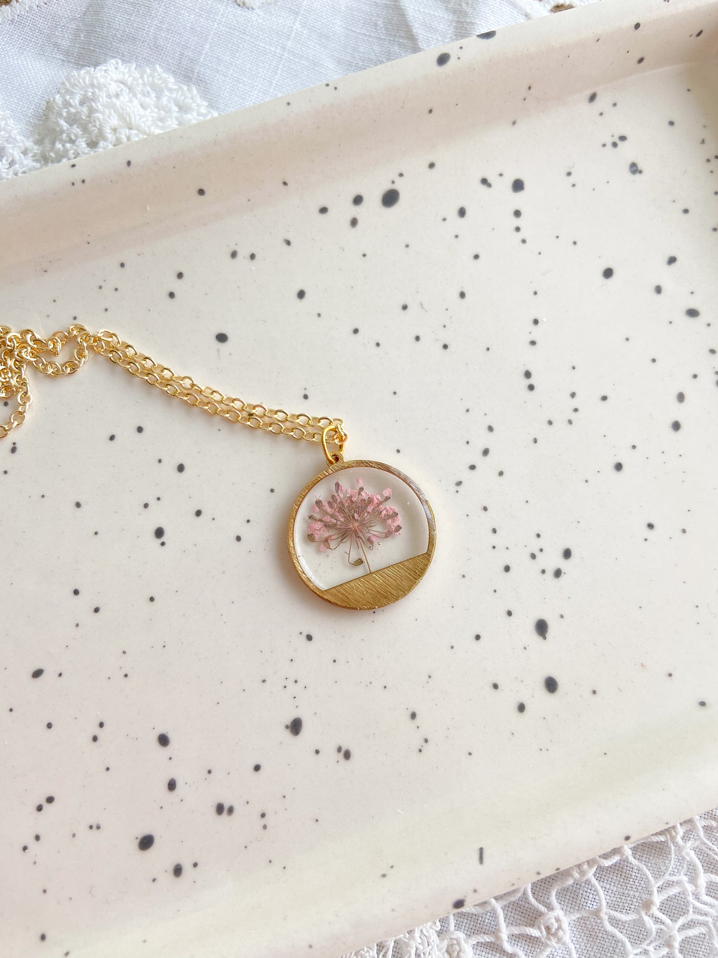 Gold Necklace with Pressed Flower Tree