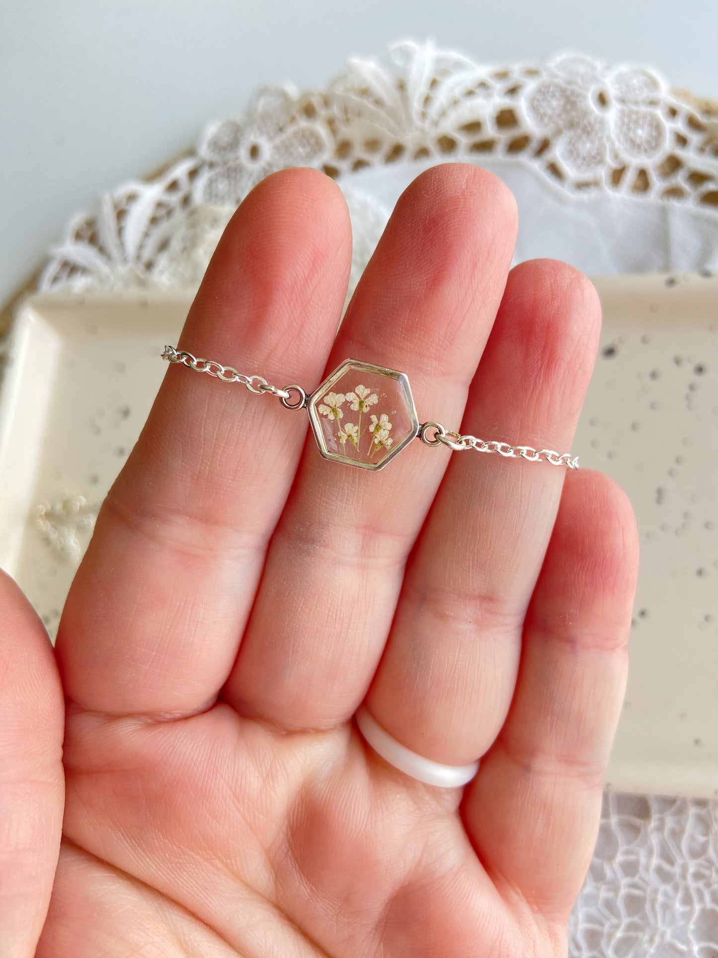 Tiny Silver Hexagon Necklace with Tiny Pressed Flowers