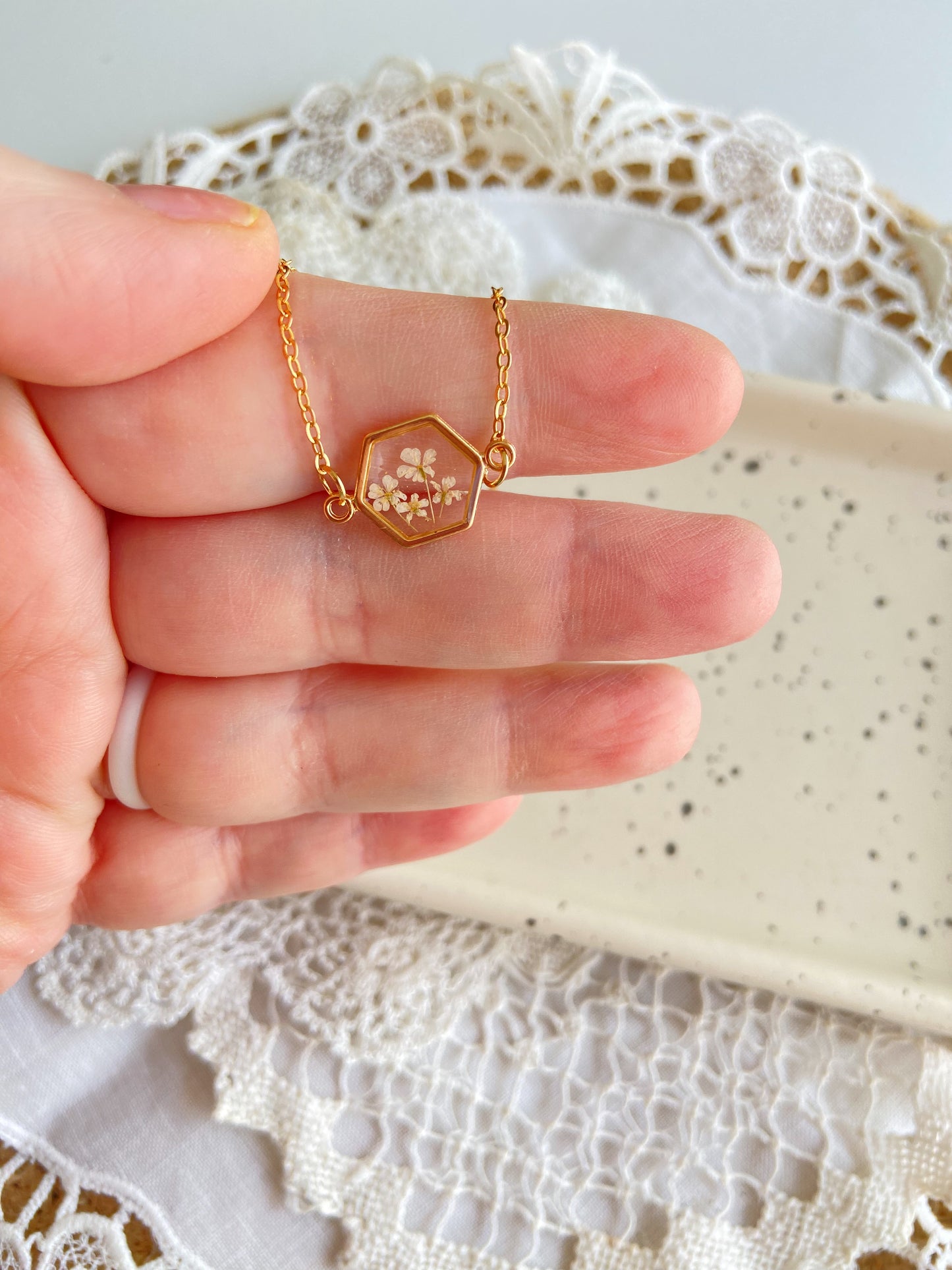 Tiny Gold Hexagon Necklace with Tiny Pressed Flowers