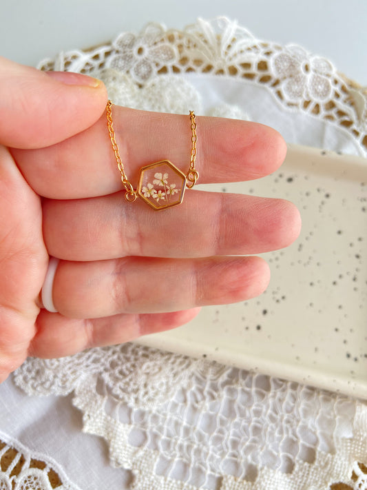 Tiny Gold Hexagon Necklace with Tiny Pressed Flowers