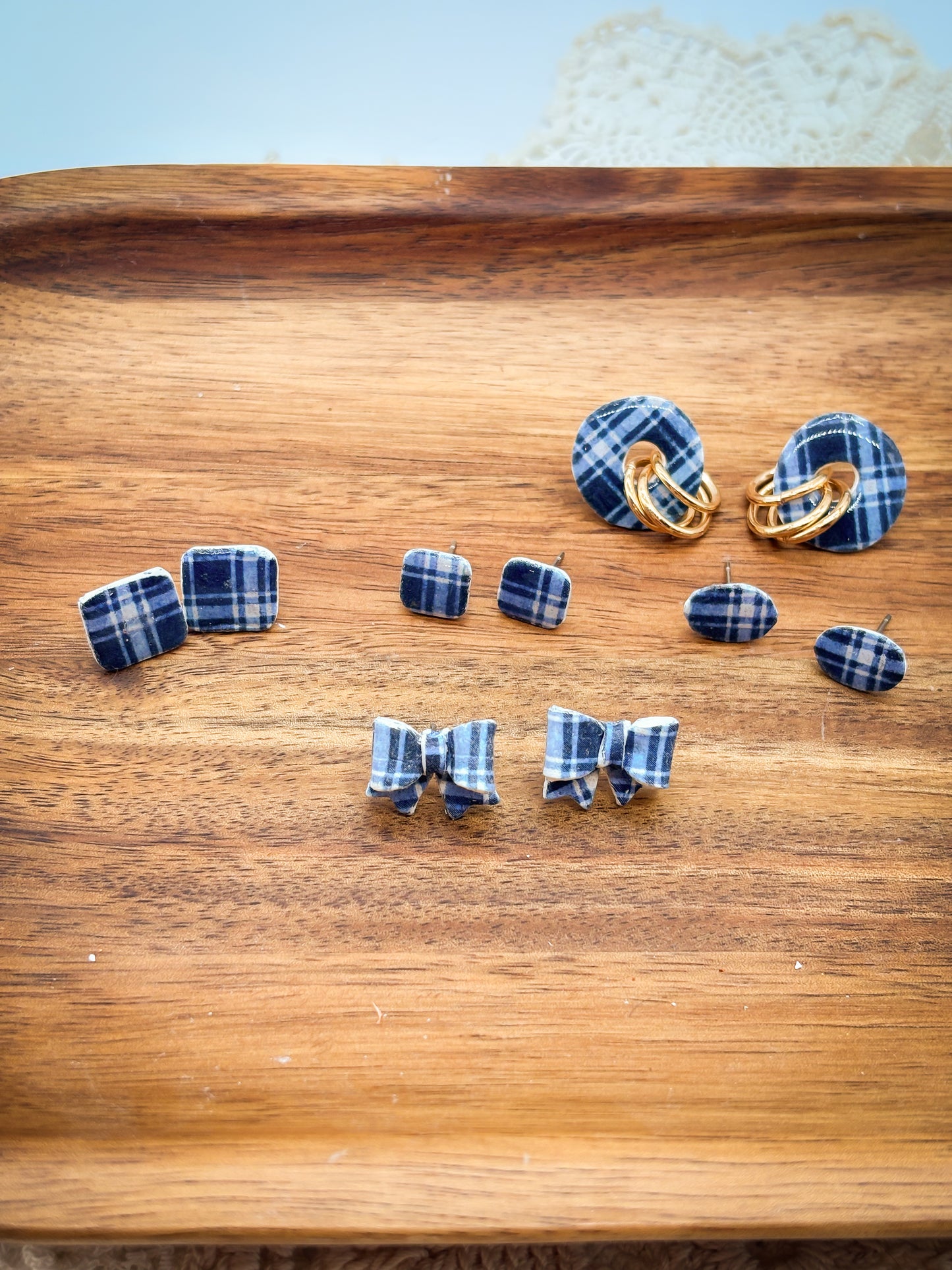 Blue Flannel Studs in multiple shapes