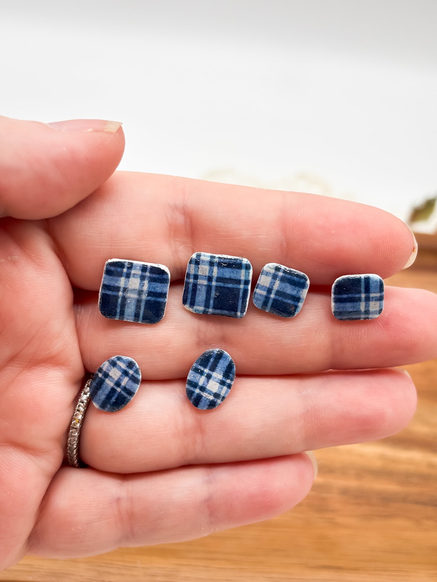 Blue Flannel Studs in multiple shapes