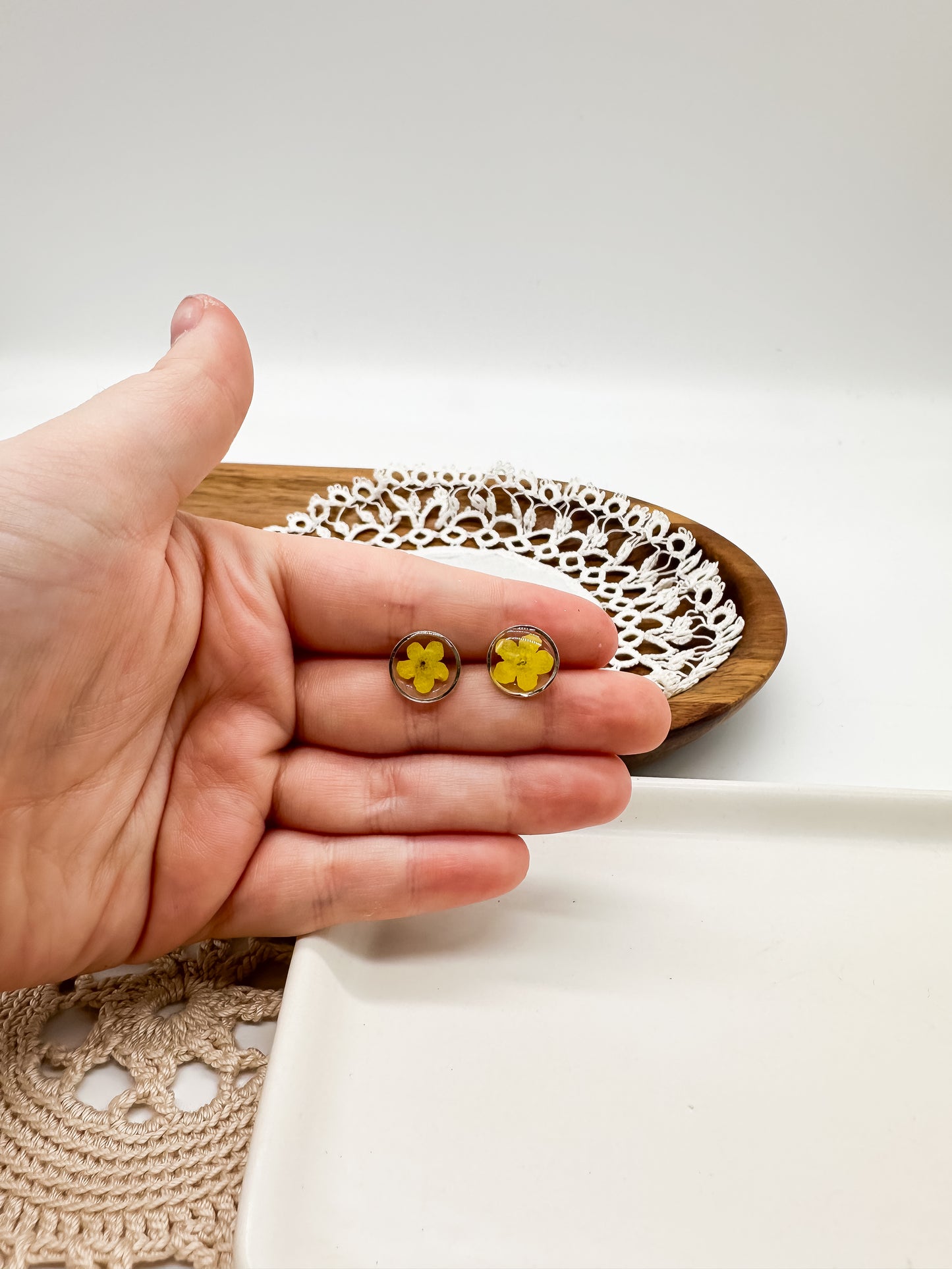 Yellow pressed flower stud earrings