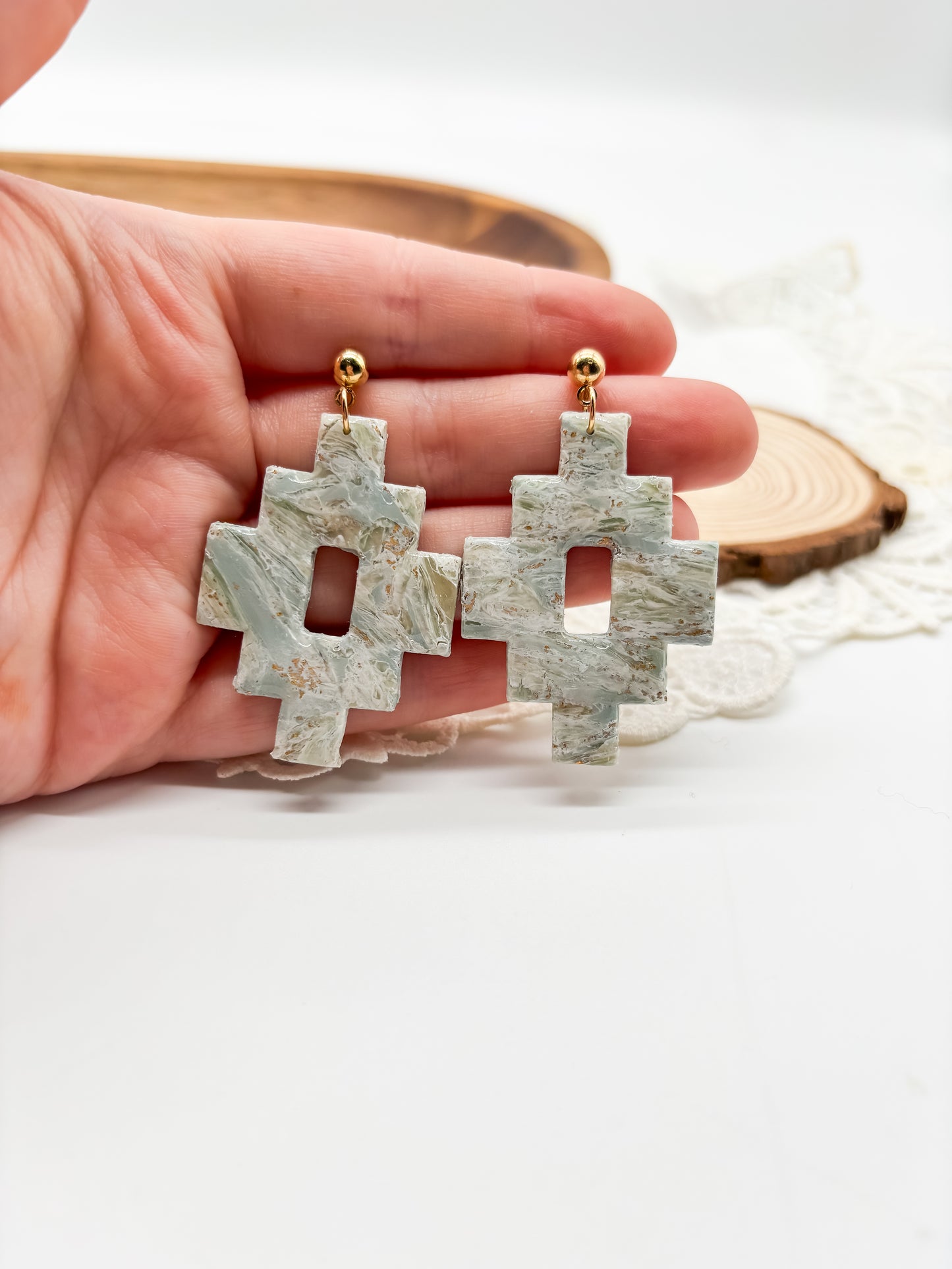 Large geometric faux jade dangles