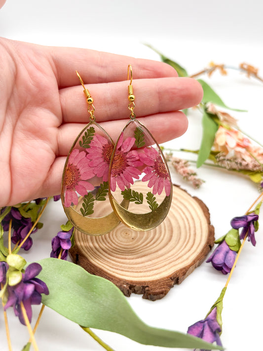 Pink daisy teardrop earrings