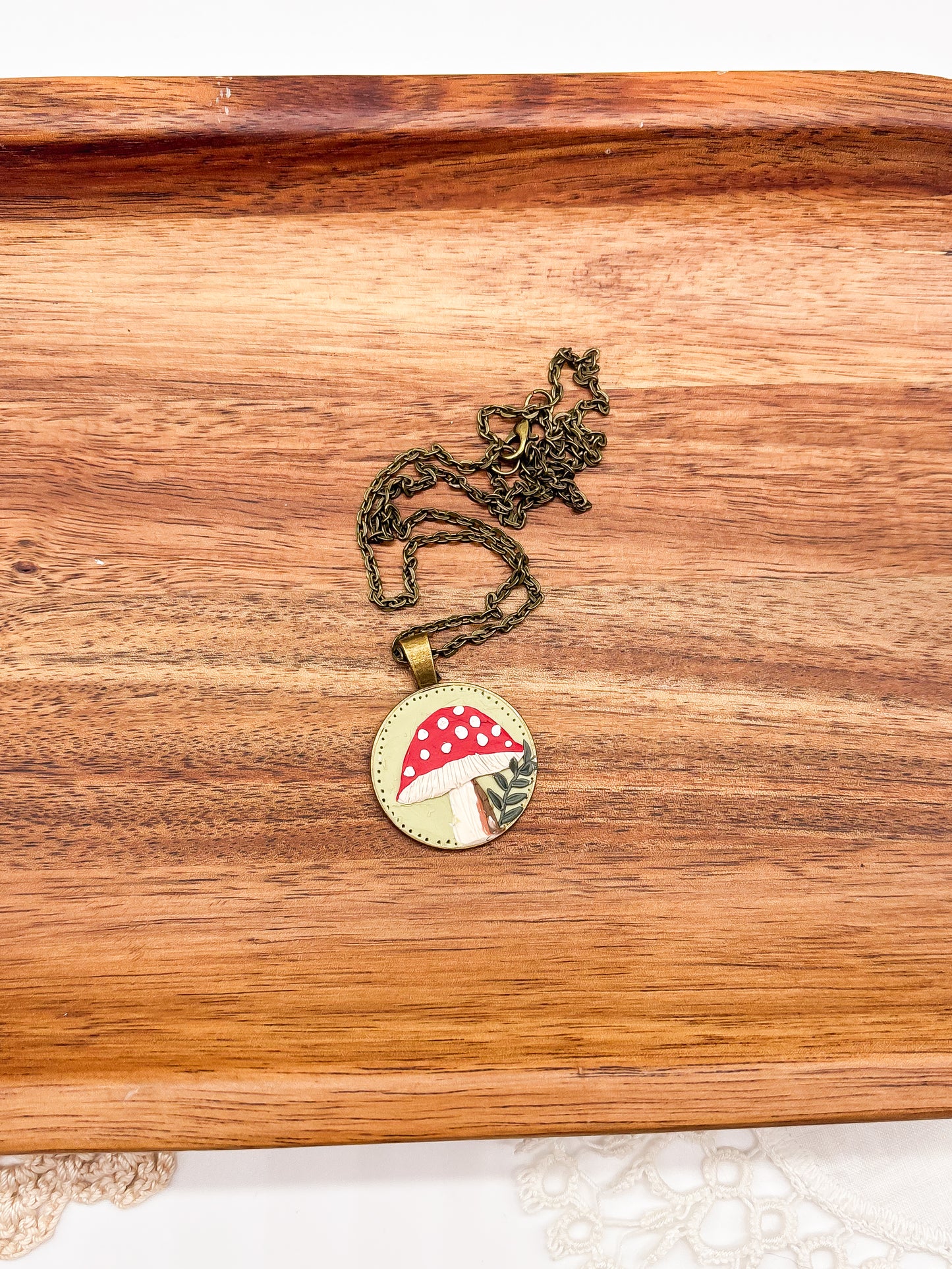 Red and white mushroom necklace