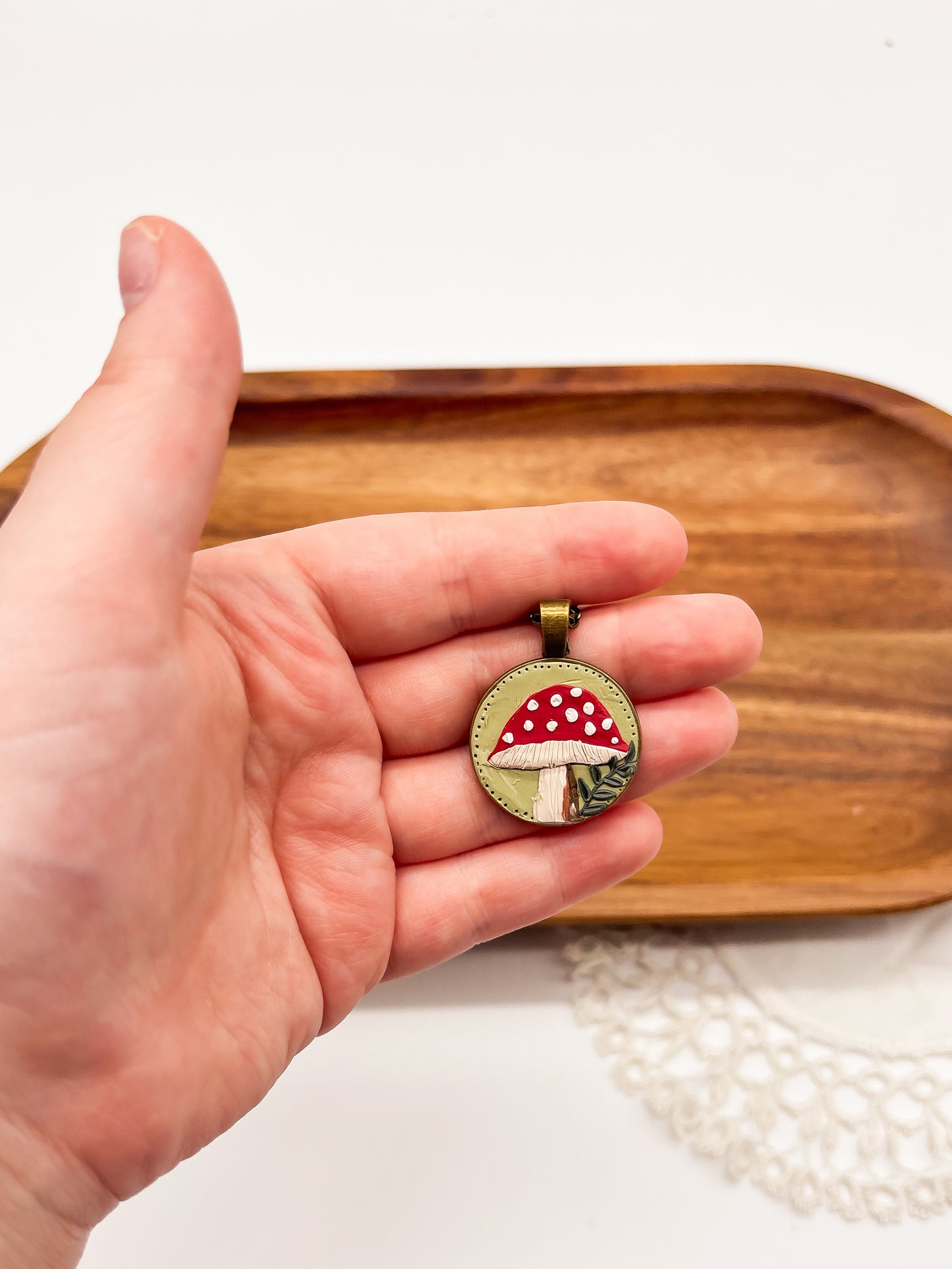 Red and white mushroom necklace