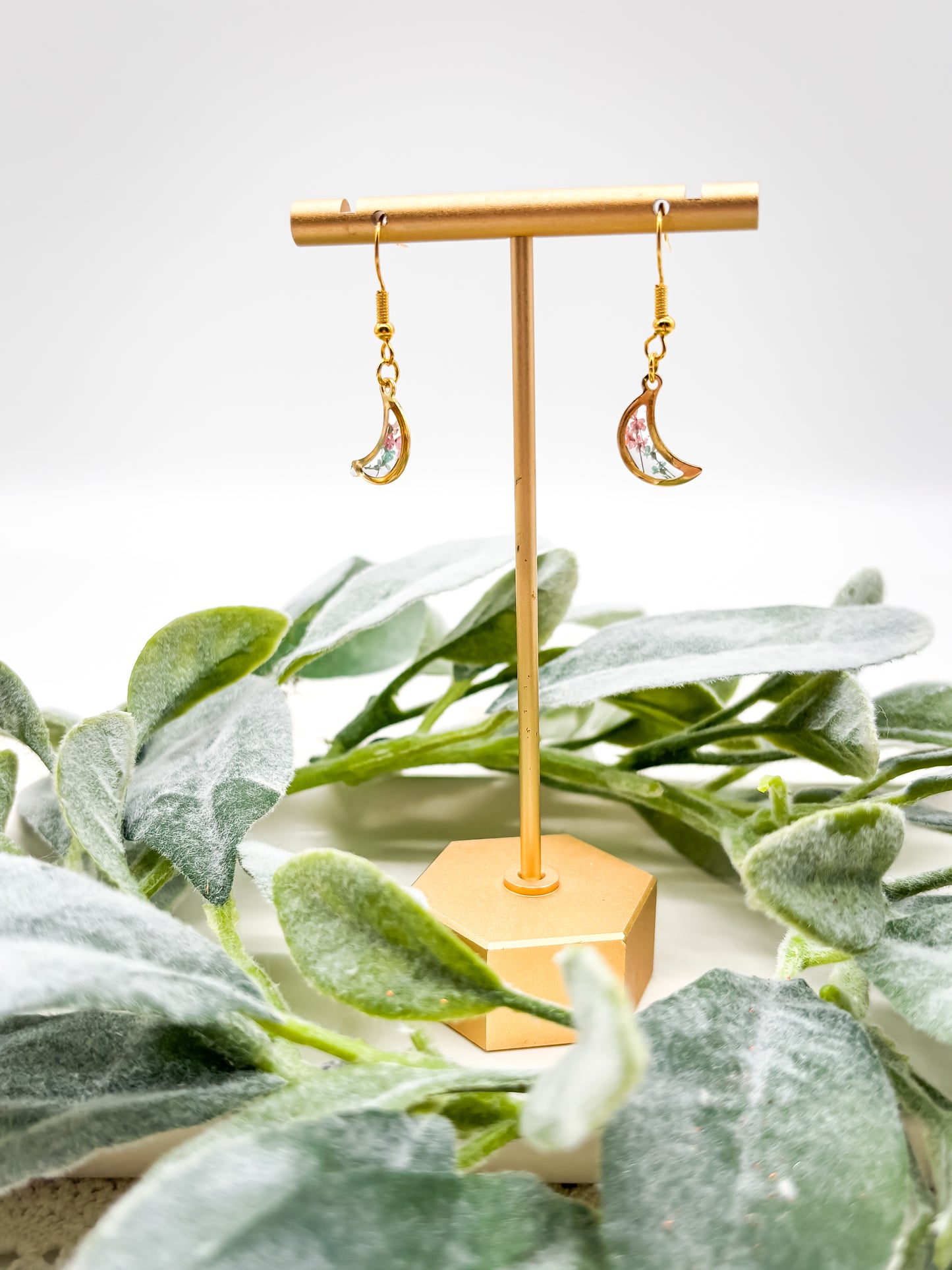 Tiny moon dangle earrings with flowers in gold or silver