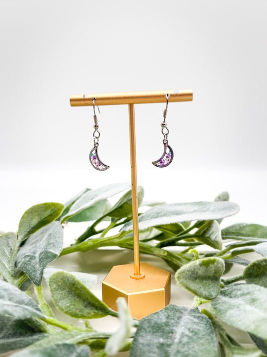 Tiny moon dangle earrings with flowers in gold or silver